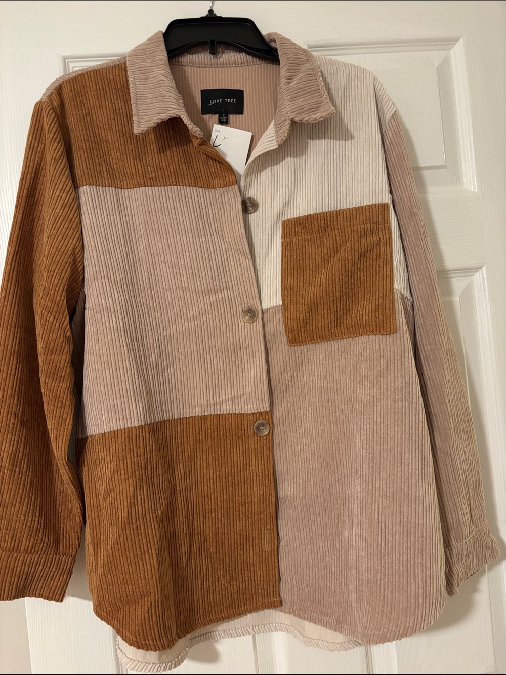 Love Tree Colorblock Corduroy Utility Shacket in Camel, Taupe & Cream